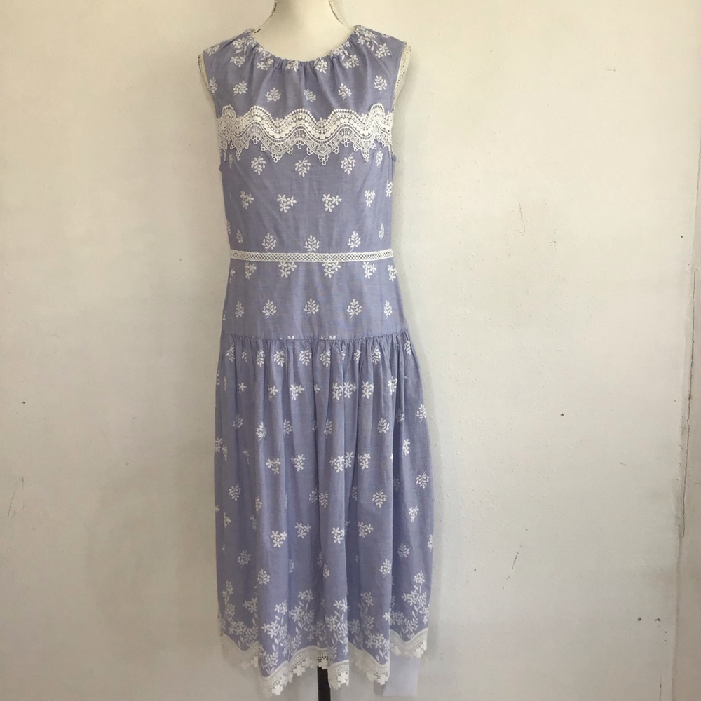 Monique Lhuillier Women EleganyBlue & White Embroidered Sleeveless Dress Size 12